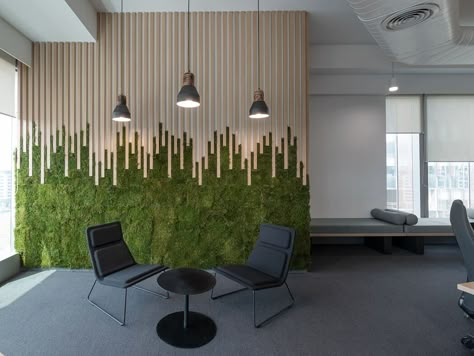 Haldia Petrochemicals by Ultraconfidentiel Design Mos Wand, Green Wall Design, Moss Walls, Office Wall Design, Board Room, Wood Accent Wall, Lobby Design, Moss Wall, Interior Wall Design