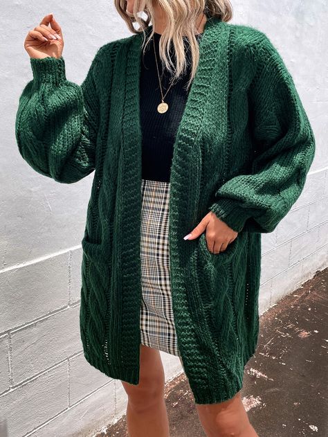 Dark Green Casual Collar Long Sleeve Polyester Plain Coat Embellished Slight Stretch  Women Knitwear Green Cardigan Outfit, Winter Cardigan Outfit, Travel Cardigan, Long Cardigan Outfit, Dark Green Cardigan, Belle Outfit, Outfit Cardigan, Fashion Feminine, Diy Clothes Design