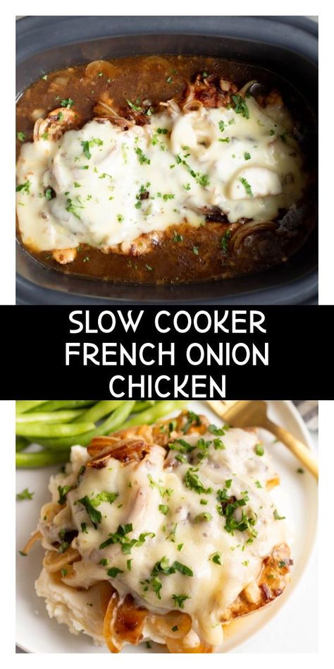 This Slow Cooker French Onion Chicken is a five ingredient recipe that is so easy to make and the entire family will love. Tender chicken is cooked in a French onion gravy and topped with melty cheese. French Onion Gravy, Slow Cooker Chili Beef, Slow Cooker Korean Beef, Slow Cooker Recipes Beef, French Onion Chicken, Raw Chicken Breast, Onion Gravy, Onion Chicken, Easy Dinner Recipe