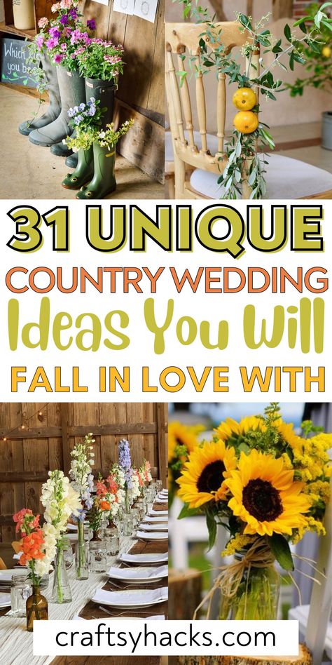 Transform your special day with these delightful rustic wedding decorations that embody the essence of country weddings. Incorporate elements like mason jar centerpieces, burlap table runners, and vintage signs for a personalized touch. Country Western Wedding Centerpieces, Western Themed Wedding Decorations, Country Theme Wedding Ideas, Diy Wedding Decorations Ideas, Simple Rustic Wedding Decorations, Cheap Wedding Decoration Ideas, Cute Country Wedding, Farmhouse Wedding Ideas, Rustic Wedding Reception Table Decor