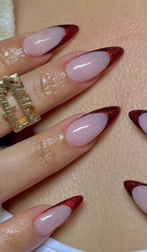 Red Nails With Gold French Tip, Red Flake Nails, Almond Nails December, Red And Gold New Years Nails, Cherry Red French Tip Nails Almond, Red French Tip Nails With Gold, Red N Gold Nails, Gold And Red Nail Designs, Sparkly Red French Tips