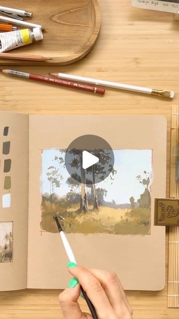 Jowita on Instagram: "Time lapse of todays Master Study of Penleigh Boyd. He is an huge inspiration when it comes to painting trees 💛 Musik: B.there.4.u Musiker: Jeff Kaale #gouachelandscape #gouache #gouacheartwork #landscapepainting #gouachesketch #gouachelandscapes #gouachepaintings #illustration_daily #artinspiration #artclubseven #illustrationnow #illustration_art #watercolor_daily #gouachepractice #illustrationart #landscapers #tempuradesign #quicksketch #gouachestudy #gouachesketch #woodlandpainting #schminckefan" Thomas Paquette Gouache, Guache Landscape, Gouache Illustrations Landscape, Gouache Painting Landscapes, Gouache Landscape Painting, Gouache Art Inspiration, Gouache Landscape, Angela Mckay, Gouache Tutorial