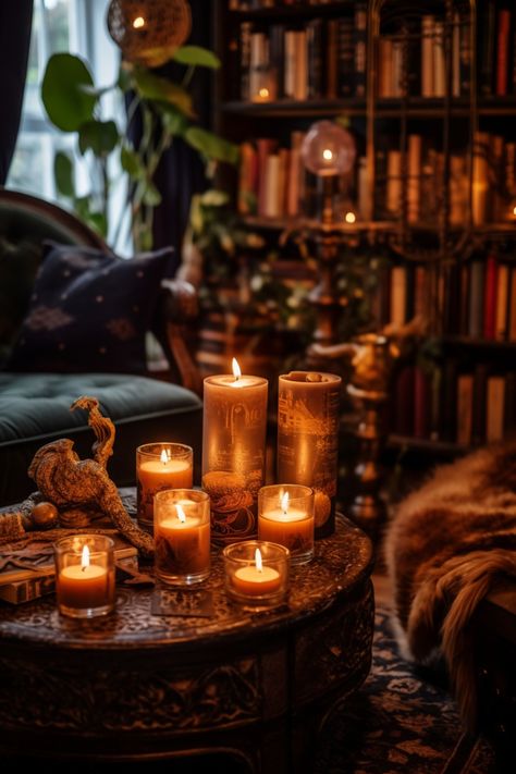 Maximalist Decor With Candles Dark Academia Maximalist Decor, Maximalist Witch Decor, Dark Academia Book Nook, Organic Maximalism, Moody Eclectic Decor, Moody Maximalist Decor, Dark Maximalist Decor, Decor With Candles, Dark Maximalism