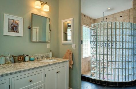 Custom Glass Block Shower Designs Add Beautiful Curves to Modern Bathrooms Shower Design Ideas, Glass Block Shower, Showers Without Doors, Diy Closet Doors, Doorless Shower, Bathroom Closet, Shower Bathroom, Luxury Shower, Glass Block