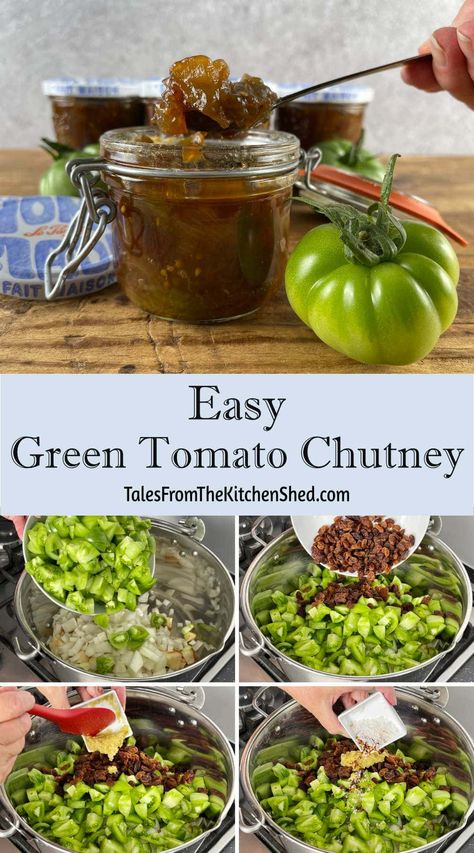 Easy Green Tomato Chutney Green Tomato Chutney Recipe, Canning Green Tomatoes, Green Tomato Relish, Tomato Chutney Recipe, Green Tomato Recipes, Tomato Relish, Tomato Jam, Relish Recipes, Tomato Chutney