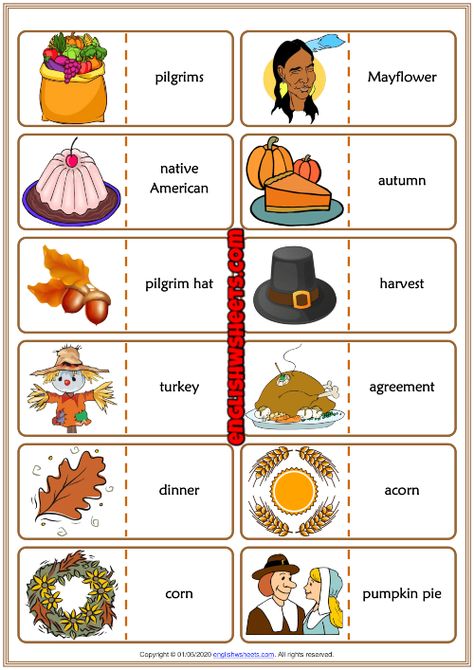 Esl Thanksgiving Activities, Vocabulary Games For Kids, Thanksgiving Activity Sheets, Esl Learning, Dominoes Game, Thanksgiving History, Test For Kids, Missing Letters, Thanksgiving Poster