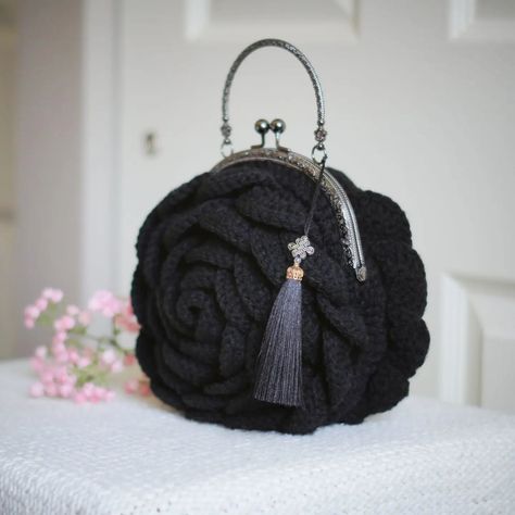 Just restocked the shop's most favorited purse! The cotton yarn option is sold out but we just added the anti-pill acrylic yarn option with black metal frame. #rosebag #crochetrosebag #blackeveningpurse Mercerized Cotton Yarn, Rose Bag, Diy Bag Designs, Stylish Purse, Dark Style, Crochet Handbags Patterns, Crochet Rose, Evening Purse, Unique Crochet