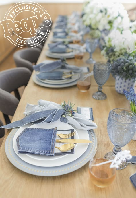 Blue Jean Baby! See All the Photos From Ali Fedotowsky-Manno's Denim-Themed Shower Denim Table Decorations Centerpieces, Denim Table Setting, Blue Jean Theme Party, Blue Jean Decorations Ideas, Baby Blue Table Setting, Denim Themed Party Decorations, Denim Tablescape, Denim Party Ideas, Blue Jean Baby Shower Theme