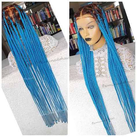 Knotless Jumbo Box Braids, Box Braids Blue, Braids Blue, Blue Box Braids, Triangle Box Braids, High Fashion Hair, My First Wig, Braids Ideas, Jumbo Box Braids