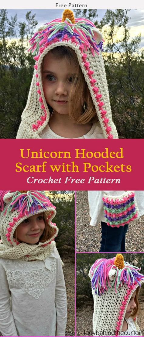 Unicorn Hooded Scarf with Pockets Crochet Free Pattern #freecrochetpatterns Hooded Scarf With Pockets, Hooded Cowl Crochet Pattern, Hooded Cowl Pattern, Crochet Unicorn Pattern Free, Crochet Pets, Scarf With Pockets, Crochet Beginners, Crochet Unicorn Pattern, Crochet Hooded Scarf