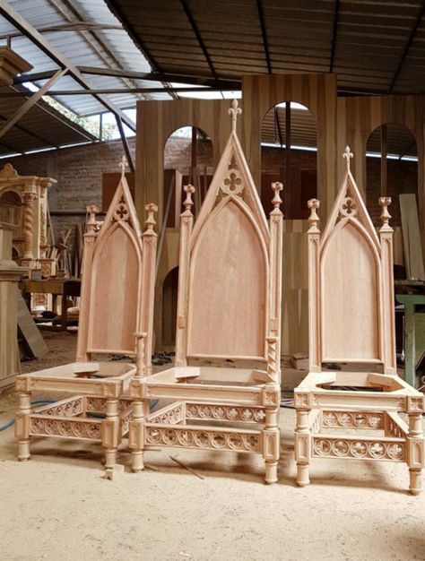 Gothic Revival Furniture, Goth Architecture, Gothic Ornament, Church Chairs, Church Pulpit, Bespoke Joinery, Gothic Mirror, Gothic Room, Catholic Altar