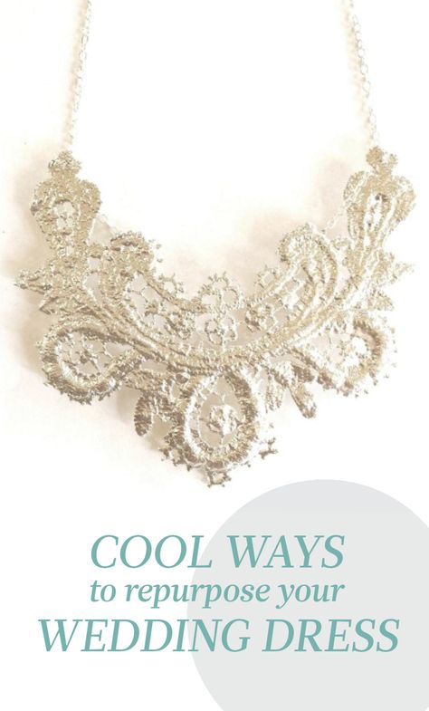 5 Insanely Cool Things You Can Do With Your Wedding Dress | Martha Stewart Weddings - Creative ideas for repurposing your gown. Adding Buttons To Wedding Dress, Wedding Dress Reuse Ideas, Wedding Dress Wall Art, Repurpose Old Wedding Dress Ideas, Lace Wedding Dress Jewelry Ideas, Wedding Dress Recycle Ideas, What To Do With My Wedding Dress, Upcycling Wedding Dress, What To Do With An Old Wedding Dress