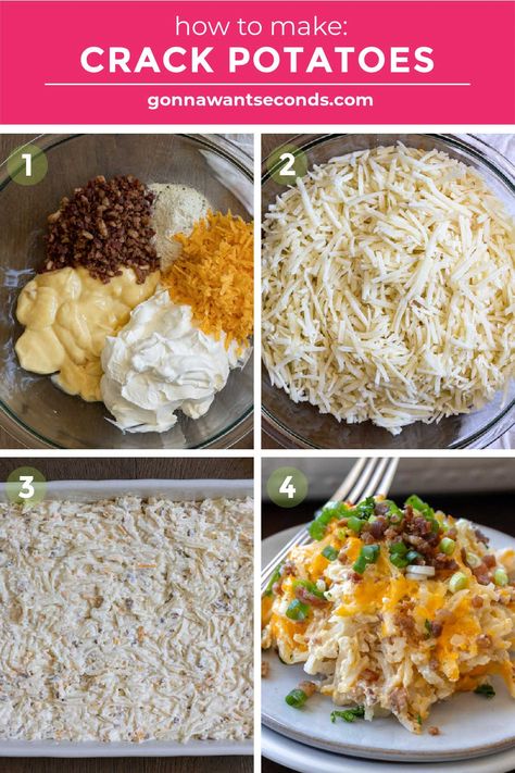 Crack potatoes are the easiest, most delicious potato dish to come around in a long time. 6 ingredients, 10 minutes of prep, and no peeling! #crackpotatoes #potatosides Cowboy Meals, Cheese Scalloped Potatoes, Cookout Ideas, Veggie Casserole, Frozen Potatoes, Around The World Food, Potato Recipes Side Dishes, Potato Sides, Potluck Dishes