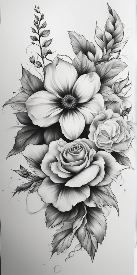 Dotwork Flower Tattoo, Black And White Flower Tattoo, Realistic Flower Tattoo, Tattoo Pics, Flower Thigh Tattoos, Rose Shoulder Tattoo, Hip Thigh Tattoos, Flower Tattoo Drawings, Realistic Tattoo Sleeve