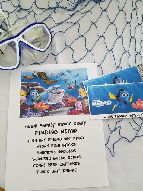 Finding Nemo movie night Disney Movie Night Menu Finding Nemo, Finding Nemo Themed Dinner, Finding Nemo Dinner And A Movie, Nemo Movie Night, Finding Nemo Movie Night, Movie Night Disney, Disney Dinner And Movie Night, Disney Nights, Finding Nemo Fish