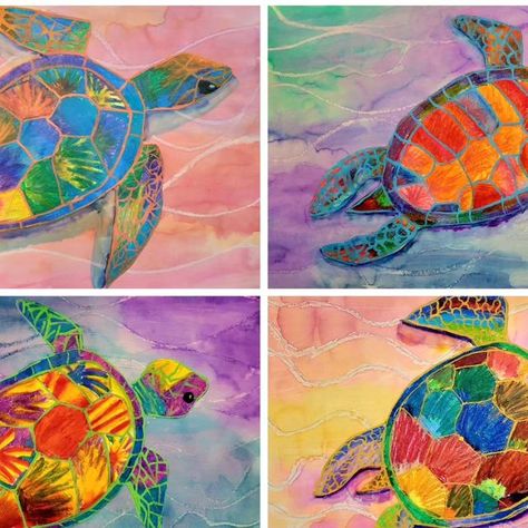 PaletteofRainbows on Instagram: "This was one of my fave projects ever! Sea turtles in the ocean! The background was first done in oil pastels and then we used liquid watercolors on top. Then, because the liquid watercolors were competing with the turtle, I toned it down with white tempera paint. This also created a really neat visual texture for the ocean.   The turtles were done in oil pastels. Lots of blending and coloring. The students observed sea turtles and their shell patterns before drawing the turtles. The details were done in paint pens. I painted a layer of Mod Podge to seal the turtles. (In hindsight, I would have had the students do the Mod Podge before the paint pens because that would've created a smoother surface for the paint pens).  The students (ages 7-13) did an incred Sea Turtle Art Project, Sea Turtle Poster Project, Tempera Paint Projects, Turtle Process Art, Sea Turtle Oil Painting, Turtle In The Ocean Painting, Summer Art Projects, Tempera Paint, Liquid Watercolor