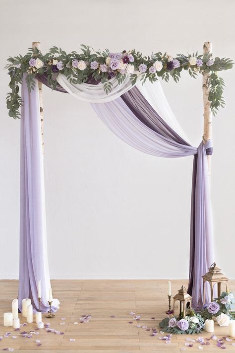 Lavender Wedding Theme, Wedding Arch Draping, Tangled Wedding, Arch Draping, Diy Wedding Arch, Purple Wedding Theme, Flower Arch, Lilac Wedding, Wedding Decor Style