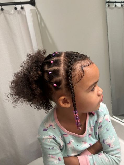 Daughter Hairstyles Curly, Two Braids With Hair Out, Little Mixed Girl Hairstyles Easy With Beads, Bead Hairstyles For Kids Natural Easy, Toddler Hair With Beads, Toddler Beads Hairstyles, Little Mixed Girl Hairstyles Braids With Beads, Toddler Hairstyles With Beads, Hairstyles With Beads For Kids