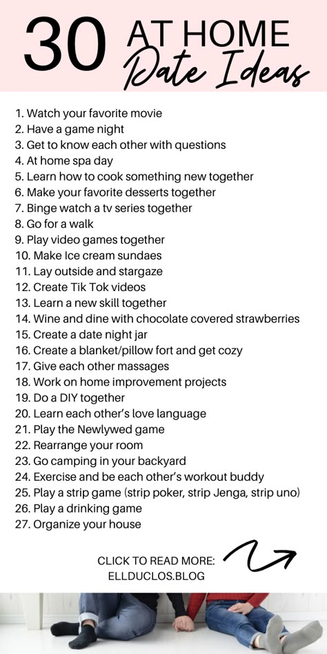 30 at home date ideas for couples who are bored. Date night ideas you can do from home on a budget. #dateideas #athomedateideas #relationshipadvice #datenightideas Activities For Date Night At Home, Night In Ideas Couples, Night Activities For Couples, Ideas For Couples To Do Together, At Home Date Night Ideas For Married Couples, Things For Couples To Do At Home, Couple To Do List Ideas, Couples Activity Ideas At Home, Couple Date Ideas At Home