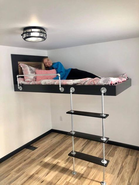 Floating Loft Beds, Floating Bed With Desk Under, Loft Bed Floating, Floating Loft Bed, Floating Loft, Dark Dungeon, Double Loft Beds, Suspended Bed, Loft Beds For Small Rooms