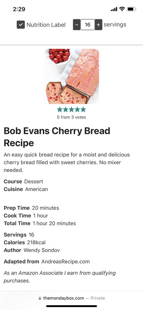 Bob Evans Cherry Bread Recipe, Cherry Bread Recipe, Cherry Bread, Quick Bread Recipes Easy, Bob Evans, Summer Foods, Nutrition Labels, Sweet Cherries, Meal Prepping