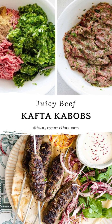 Top photo: ingredients for kafta kabobs in white bowls Bottom photo: skewers of beef kafta kabobs on pita bread with salad and white sauce Kafta Kabob Recipe Lebanese, Kofta Recipe Lamb, Kafka Recipe, Lamb Kafta Kabob Recipe, Egyptian Kofta Recipe Beef, Beef Kafta Recipe, Turkey Kofta Recipe, Kafta Kebab Recipes, Uses For Ground Beef