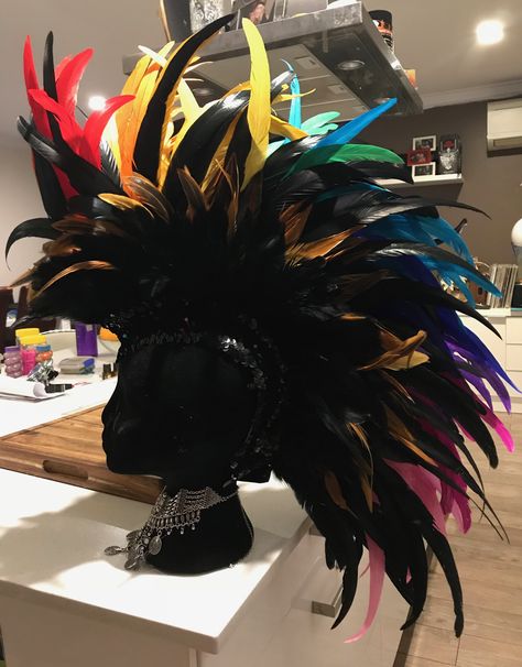 Mohawk Feather Headpiece, Feather Headress Ideas, Junkanoo Costume, Fairy Reference, Rainbow Mohawk, Tequila Branding, Strange Outfits, College Theatre, Carnival Diy