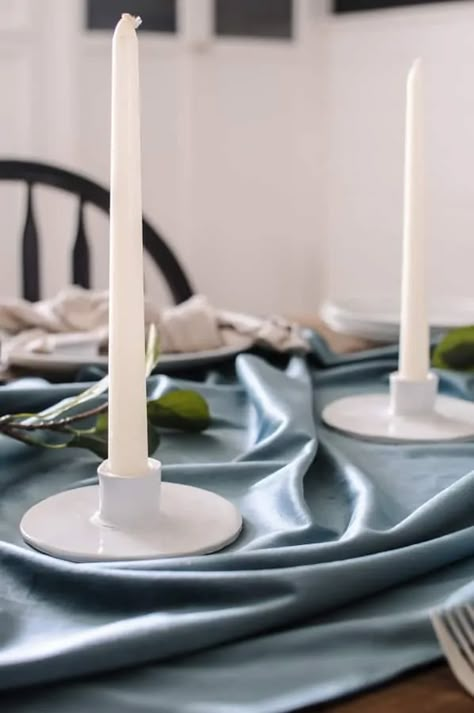 Diy Small Candle Holders, Tapered Candle Holders Diy, Diy Ceramic Candle Holders, Taper Holder Diy, Diy Candle Stick Holder Ideas, Homemade Candlestick Holders, Diy Wedding Candle Holders, Diy Long Candle Holders, Diy Dinner Candle Holders