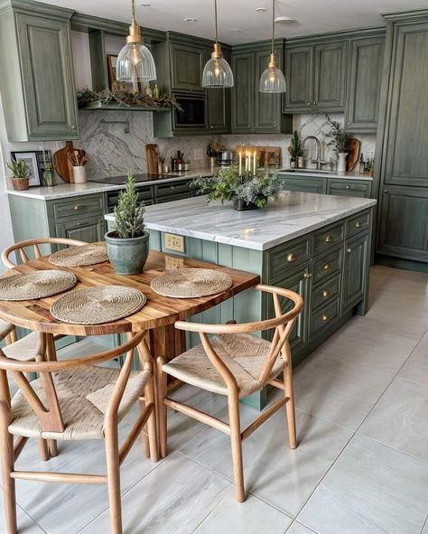 Tan Kitchen Ideas, Tan Kitchen, Green Kitchens, Kitchen Cabinet Inspiration, Dining Room Cozy, Green Kitchen Cabinets, Kitchen Island Table, Transitional Decor Kitchen, Pretty Kitchen