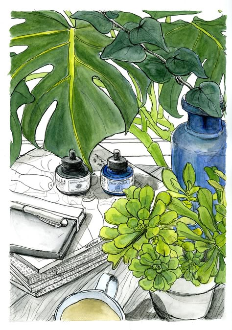 Sketch Art — Anna Wilson Ink. Colored Pens Drawing, Anna Wilson, Watercolor Art Journal, Travel Sketchbook, Illustration Pen And Ink, Urban Sketch, Watercolor Plants, 수채화 그림, Urban Sketchers