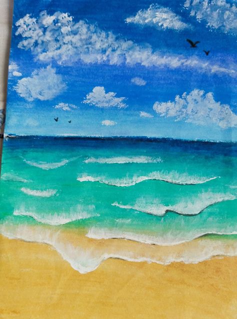 Colored Pencil Beach Scene, Summer Oil Pastel Drawing, Oil Pastel Beach Scene, Beach Oil Pastel, Drawing Ideas Oil Pastels, Summer Drawing Ideas, Summer Drawings, Beach Drawing, Pastel Beach