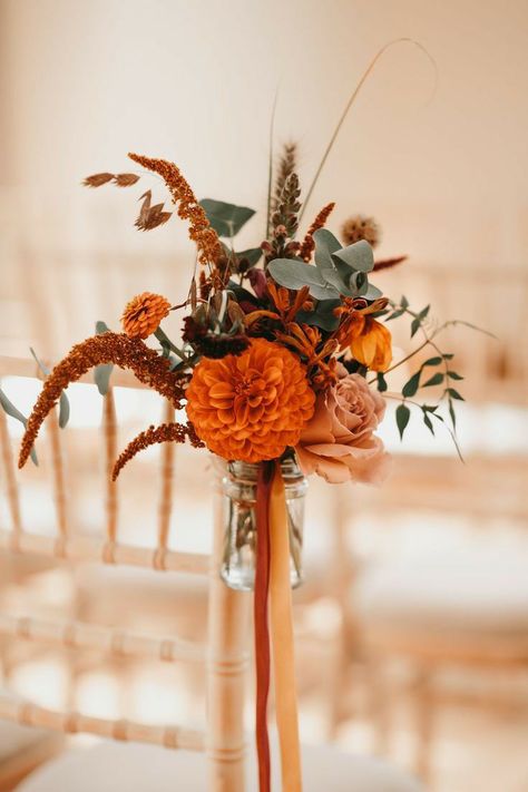 Autumn Wedding Ceremony, Orange Wedding Themes, Rusting Wedding, Pew Ends, Orange Wedding Flowers, Burnt Orange Weddings, Wedding Barn, Fall Wedding Flowers, Orange Wedding