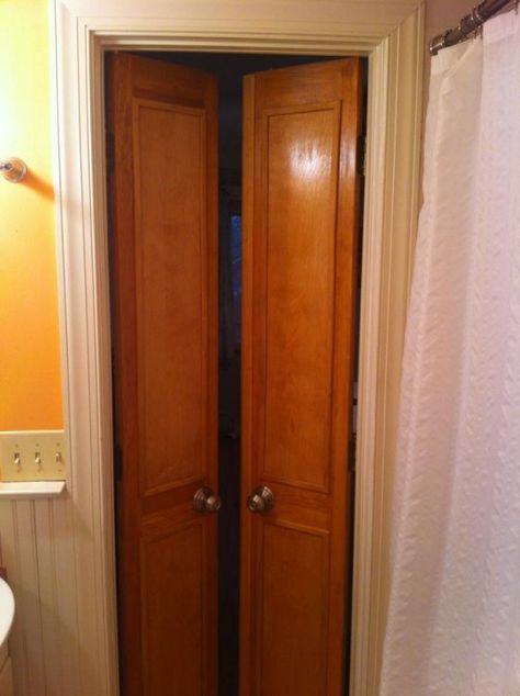 small closet double doors-can change handles... Double Bathroom Doors, Small Bathroom Doors, Bathroom Closet Door Ideas, Door Ideas For Small Spaces, Bathroom Door Ideas, Basement Closet, Double Closet Doors, Small Basement Bathroom, Small Closet Space