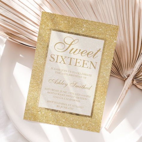 Faux Gold Glitter Modern Elegant Chic Sweet 16 Invitation #zazzle #weddinginvitations #birthdayinvitations #babyshowerinvitations #zazzleinvitations #monogram #businesscards #graduation #homedecor Glitter Shower, Gold Glitter Ombre, Sweet Sixteen Birthday Invitations, Sweet 16 Themes, 16th Birthday Invitations, Sweet Sixteen Invitations, Rose Gold Sparkle, Gold Shower, Sweet 16 Gifts