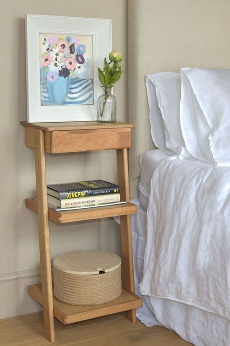 Futon Company Oak Leaning Laya Narrow Bedside Table Bedroom Small Table, Narrow Bedside Table Ideas, Slim Nightstand, Tiny Bedside Table, Scandi Lounge, Scandi Bedside Table, Side Bed Table, Tall Bedside Table, Narrow Bedside