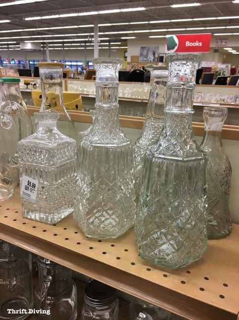 Thrift Store Glass Upcycle, Upcycling Thrift Store Finds, Thrifted Upcycle Decor, How To Store Decorations, Thrift Flip Ideas Decor, Repurposed Thrift Store Finds, Upcycled Thrift Store Finds, Repurpose Liquor Bottles, Resale Shop Ideas Thrift Stores