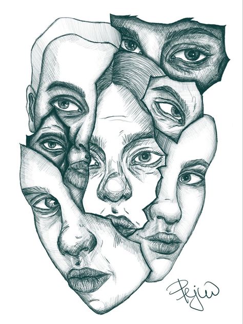 Portraits Art Gcse, Shame Drawing, Fragments Art Gcse, Distortion Art Drawing, Fragmented Faces, Entwined Art, Fragment Art, Distortion Art, Faces Drawing