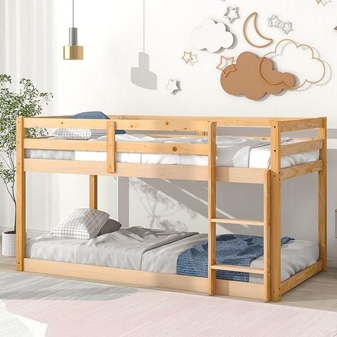 Amazon.com: Low Bunk Beds Twin Over Twin Wood Floor Bunk Bed Frame with Slats Base for Kids Boys Girls Teens, No Box Spring Needed, Natural : Home & Kitchen