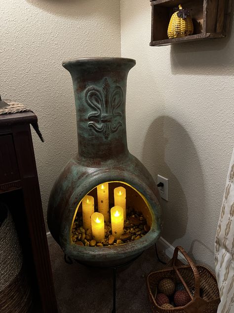 Chiminea Ideas Indoor, Mexican Chimney, Chiminea Ideas Outdoor Spaces, Mini Chiminea, Chiminea Ideas, Zen Yard, Privacy Deck, Clay Chiminea, Deck Privacy