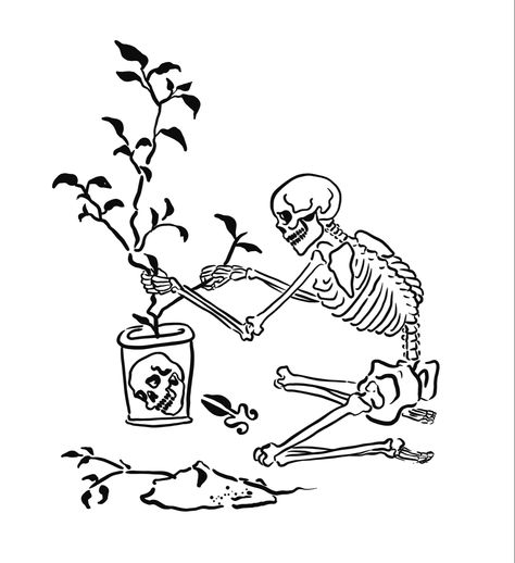 Skeleton Watering Plant Tattoo, Skeleton Tattoo, Skeleton Body, Art Flash, Adventure Time Tattoo, P Tattoo, Skeleton Drawings, Pokemon Sketch, Skeleton Tattoos