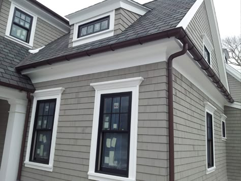 musket brown Garage Dormers Ideas Exterior, Grey Exterior With Black Windows, Exterior Moldings And Trim, Exterior House Trim, Cape House Exterior, Black Gutters, Cape Cod Exterior, Exterior Siding Options, Cape Cod House Exterior