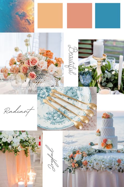 Inspired by the sunrise - colorful , fun and elegant wedding color palette. Coral, orange sherbet and blue. Beach Wedding Pallet Colour Palettes, Pink Orange Blue Wedding Theme, Summer Beach Wedding Colors Colour Palettes, Wedding Color Schemes Summer Beach, Beach Wedding Schemes, Wedding Colour Schemes Beach, 2024 Wedding Palette, Dusty Blue Coral Wedding, Summer Wedding Inspo Colors