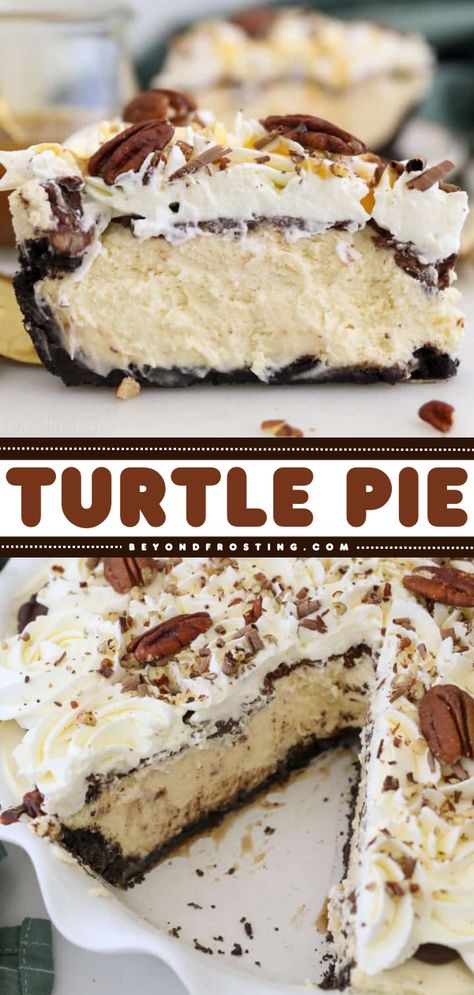 Homemade Turtle Pie is the BEST! This simple Thanksgiving dessert is almost no-bake. With a caramel cheesecake filling, chocolate, and pecans atop an Oreo crust, this turtle cream pie is perfect on your Thanksgiving dinner menu! Turtle Desserts Easy, Turtle Cream Pie, Turtle Dessert Recipes, Turtle Lush, Twix Pie, Thanksgiving Pies Easy, Turtle Pie Recipe, Autumn Feast, Turtle Dessert