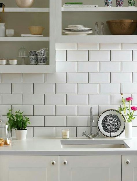 more white subway with charcoal grout White Tiles Grey Grout, Beveled Subway Tile, Серая Кухня, White Wall Tiles, Kabinet Dapur, Brick Kitchen, White Subway Tiles, Splashback Tiles, Kitchen Splashback