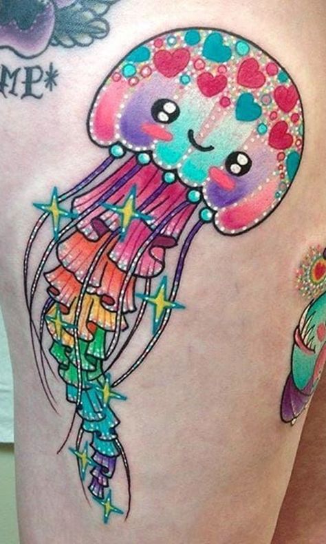 Donut Tattoo, Beach Tattoo Ideas, Arm Wrap Tattoo, Bright Tattoos, Spirit Tattoo, Wrap Tattoo, Jellyfish Tattoo, Muster Tattoos, Ocean Tattoos