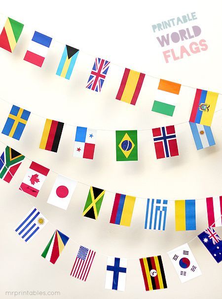 FREE printable World Flags Bunting.To make watching the Olympics on TV at home more festive and exciting, for a world travel themed party or to celebrate any international occasion, we've put together these 100 countries printable world flags in one file, in perfect sizes to make party bunting with. Olympic Printables, Mr Printables, Around The World Theme, Olympic Theme, Geography Activities, World Flags, Olympic Party, Travel Party Theme, Homeschool Geography