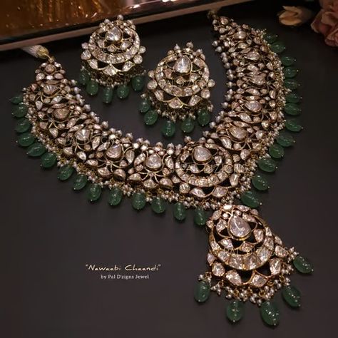 Nawaabi Chaandi Moissanite Polki Set Mehndi Jewellery, Diamond Necklace Indian, Polki Sets, Polki Necklace Set, Choker Jewellery, Desi Jewelry, Diamond Pendant Jewelry, Indian Wedding Jewelry Sets, Bride Jewelry Set