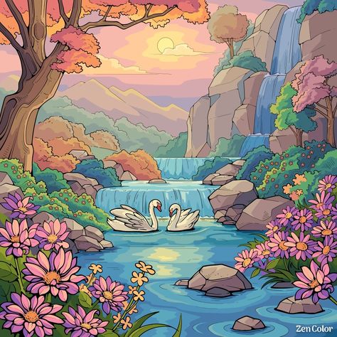 Animal Scenery Drawing, Cute Landscape Drawing, Nature Drawing Ideas Creative Beautiful, Waterfall Scenery Drawing, Beautiful Landscape Drawing, Fairy Garden Drawing, Beautiful Scenery Drawing, Waterfall Drawing, Fall Scenery