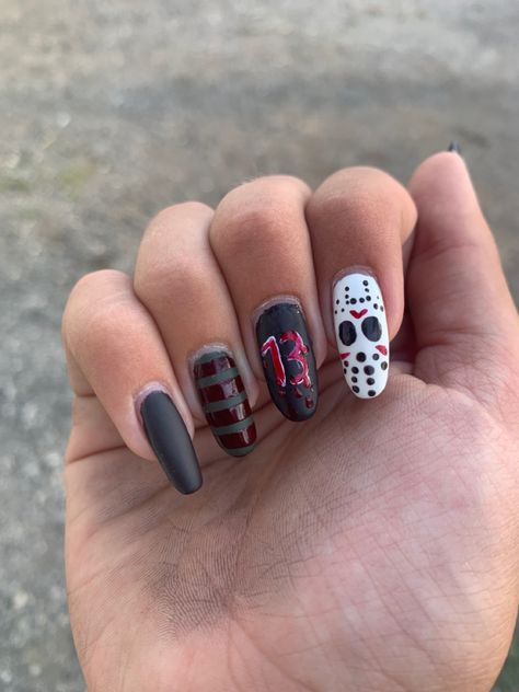 Jason Mask Nail Art, Halloween Nails Freddy Kruger, Freddy Krueger Nails, Friday The 13th Nails, Jason Nails, The Number 13, Nail Practice, Cartoon Nails, Fall Acrylic