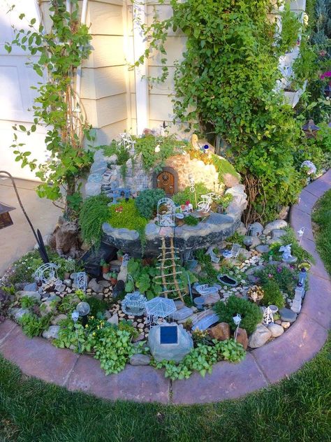 Sandbox Fairy Garden, Fairy Garden Pathways Diy, Giant Fairy Garden, Tire Fairy Garden, Fairy Garden Around Tree Base, Big Fairy Garden, Two Tier Garden, Fairy Garden Fountain, Carnivore Plants